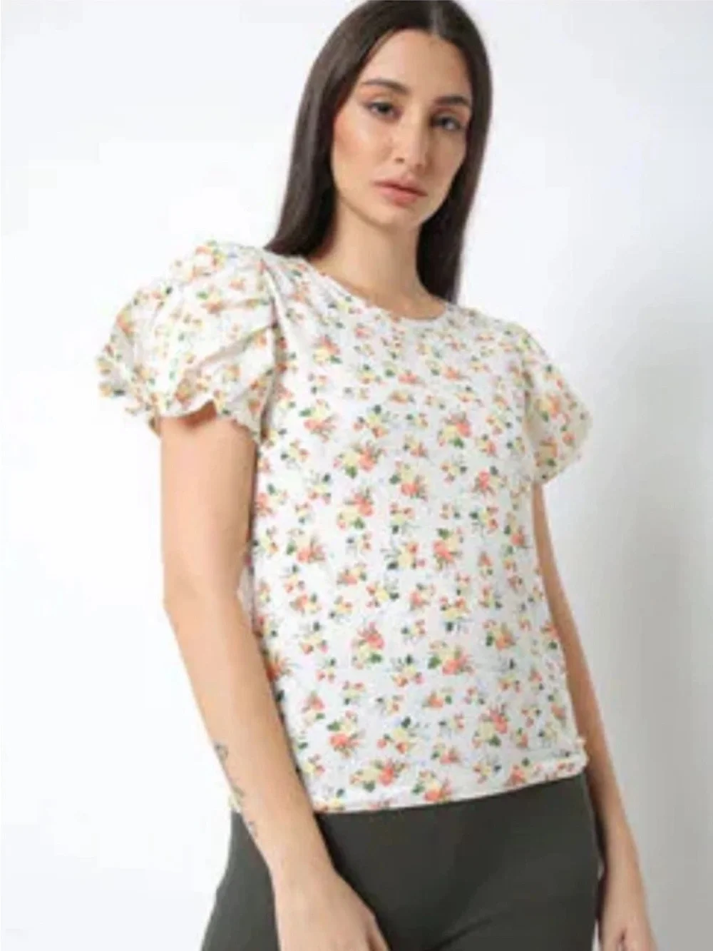 Zara Floral Puff Sleeve Blouse in Cream Size L NWOT